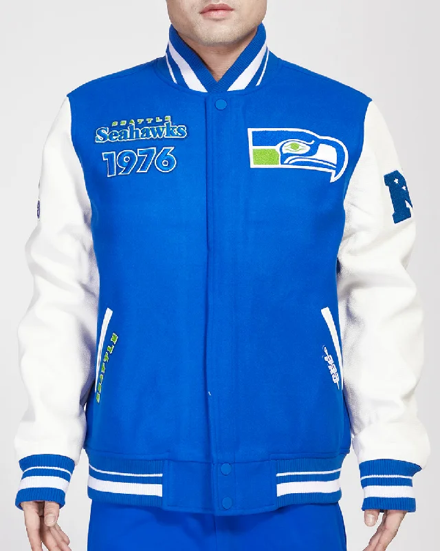 warm padded coat for women -NFL SEATTLE SEAHAWKS RETRO CLASSIC RIB WOOL VARSITY JACKET (ROYAL BLUE/WHITE)