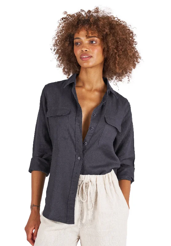 women's casual blouse -Lete-Linen Black Classic Linen Shirt With Pockets