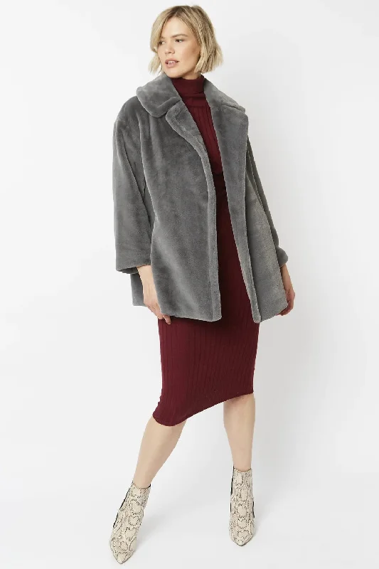 versatile trench coat for ladies -Grey Faux Fur Midi Coat