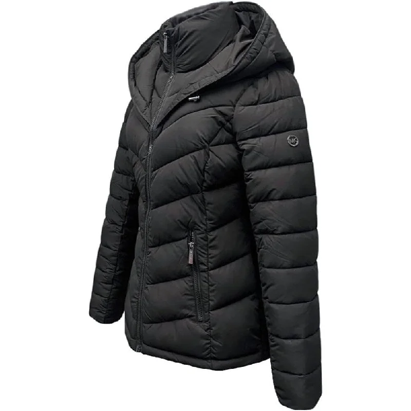 stylish knitted jacket for women -Michael Michael Kors Hooded Packable Down Puffer Jacket Coat Zip Front Black