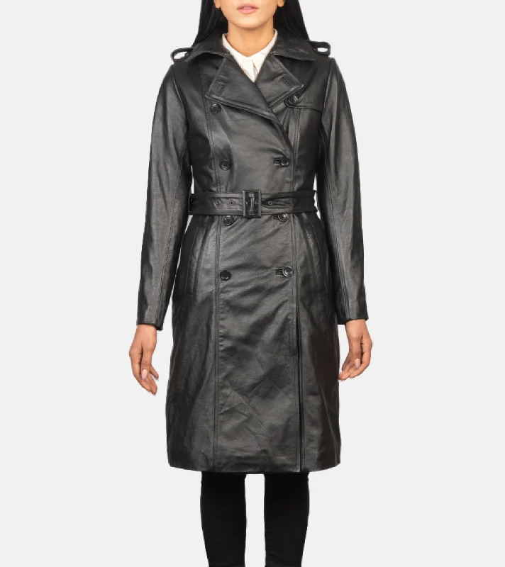 long elegant trench coat for women -Alice Double Breasted Women's Leather Coat