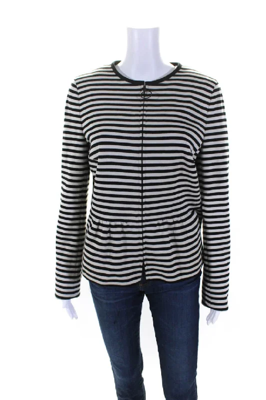 luxury designer winter coat for women -Akris Punto x Bergdorf Goodman Womens White Black Striped Zip Jacket