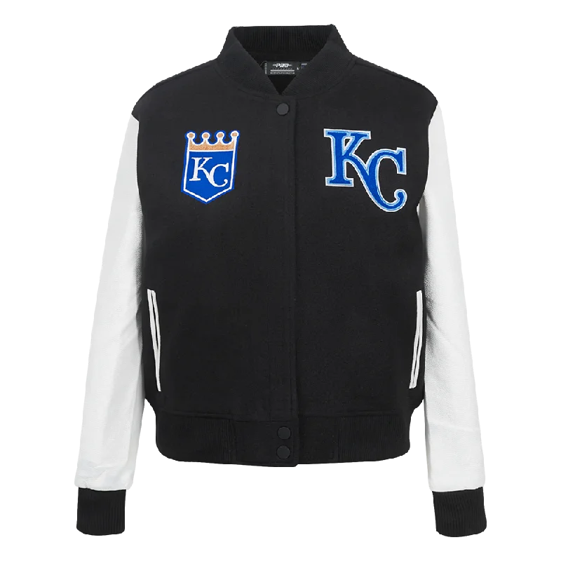 sleek satin bomber jacket for women -MLB KANSAS CITY ROYALS CLASSIC WOMEN'S WOOL VARSITY JACKET (BLACK/WHITE)