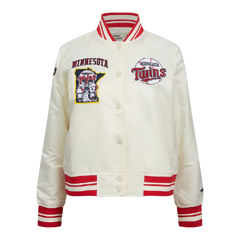 women's winter coat -MLB MINNESOTA TWINS RETRO CLASSIC WOMEN'S RIB SATIN JACKET (EGGSHELL/ RED)