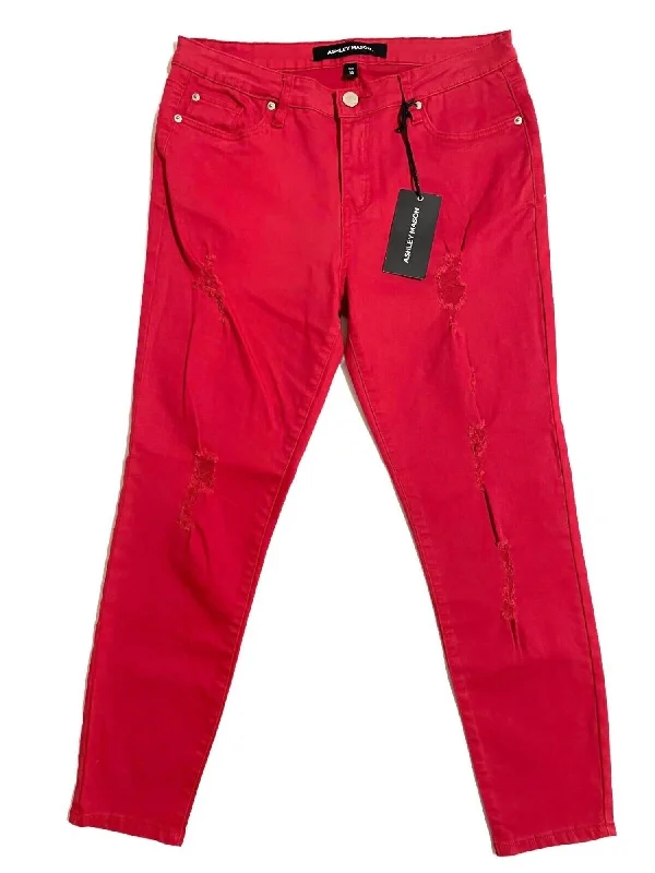 ladies' denim overalls -Women's Distressed Denim Skinny Jeans In Red