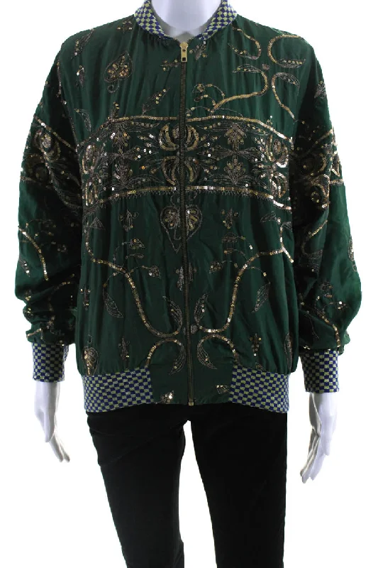 classic camel coat for ladies -Ashish Womens Salvaged Sari Metallic Embroidered Bomber Jacket Green