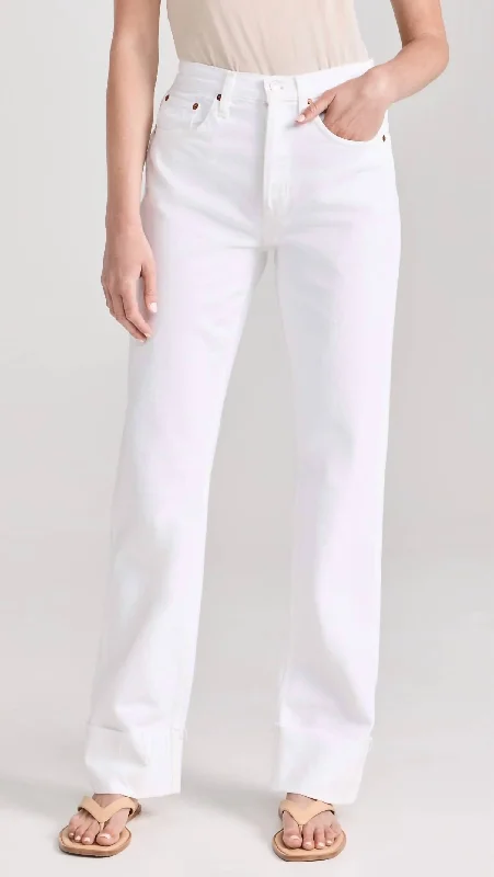 ladies' trendy raw hem jeans -High Rise Loose Long Jean In White