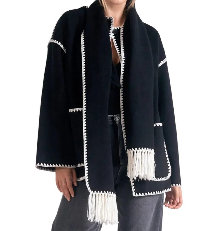 women's lightweight jacket -Top Stitch Jacket W/ Scarf In Black/white