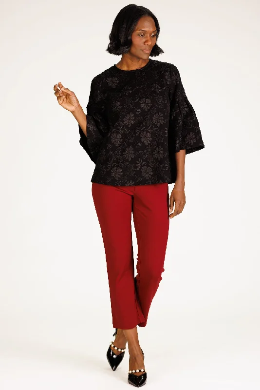 elegant crochet lace blouse for women -Upton Top in Black Floral Stretch Jacquard