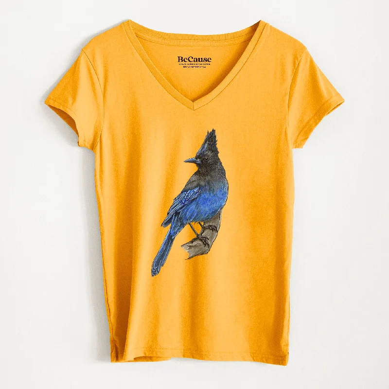 stylish cutout shoulder top for women -Vibrant Coastal Steller's Jay - Cyanocitta stelleri - Women's 100% Recycled V-neck