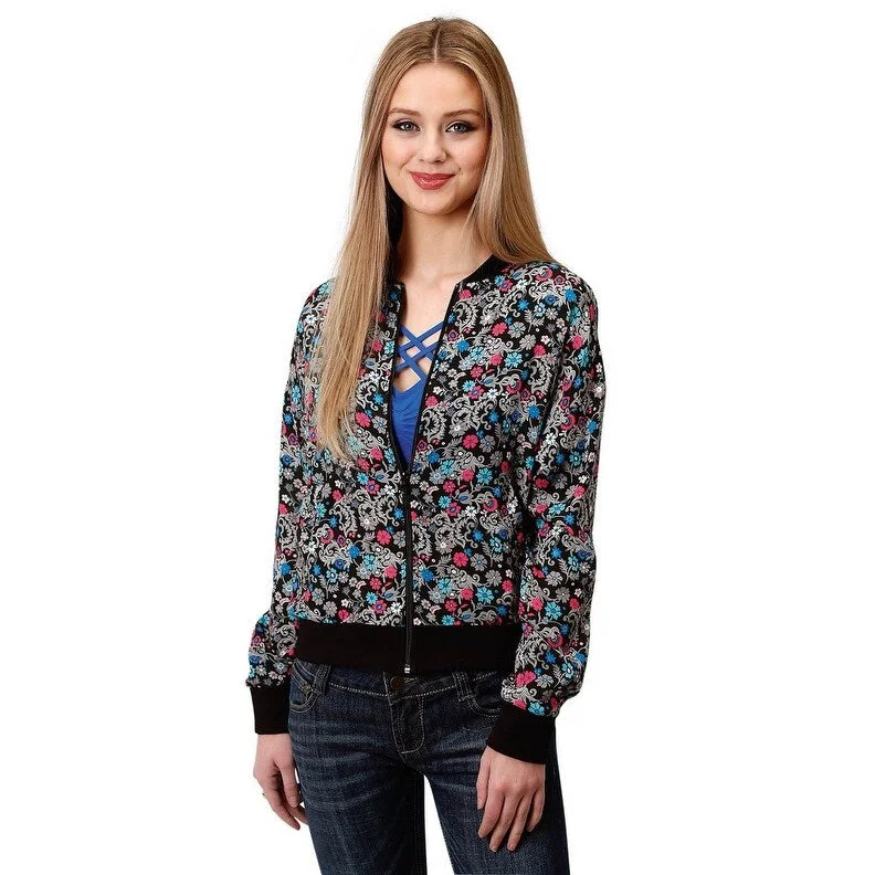 cropped wool blazer for women -Roper Western Jacket Womens Paisley Bomber Black 03-096-0590-0102 BL