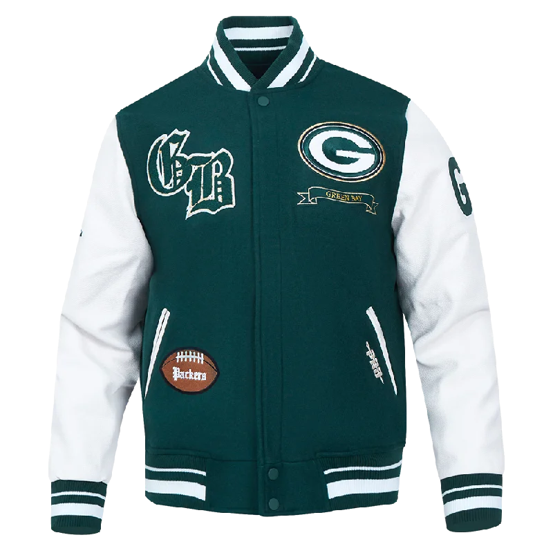 women's asymmetrical zip jacket -NFL GREEN BAY PACKERS PRO PREP WOOL VARSITY JACKET (FOREST GREEN/WHITE)