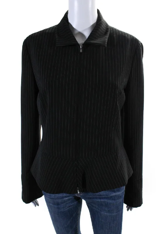 ladies' quilted coat -Armani Collezioni Womens Front Zip Collared Pinstriped Jacket Black