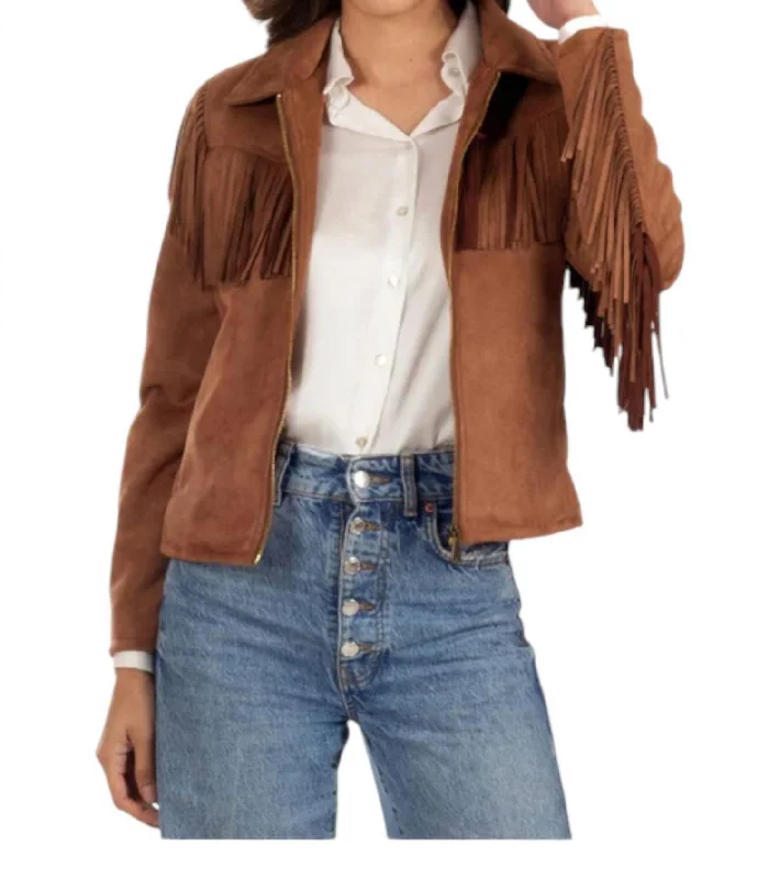 women's belted trench coat -Fringe Faux-Suede Jacket In Tan