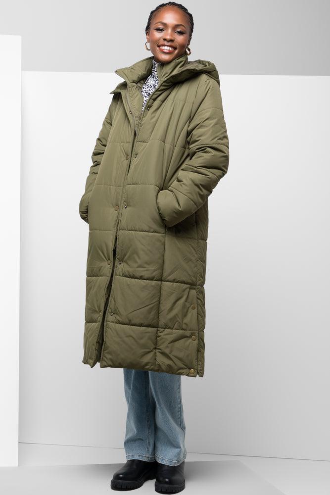 classic trench raincoat for women -Long Line Puffer Jacket Green