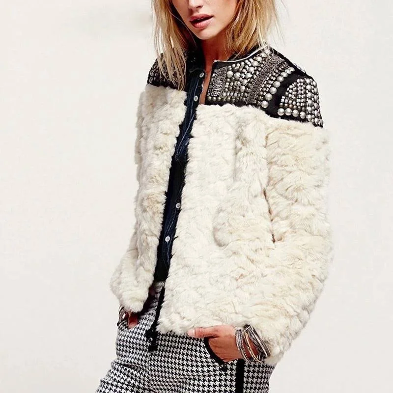 winter-ready faux shearling jacket for women -Light Faux Fur Studded Jacket