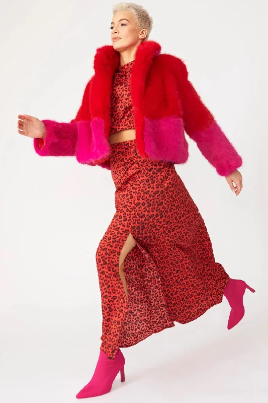 cropped wool blazer for women -Red Pink Bamboo Faux Fur Double Cropped Coat