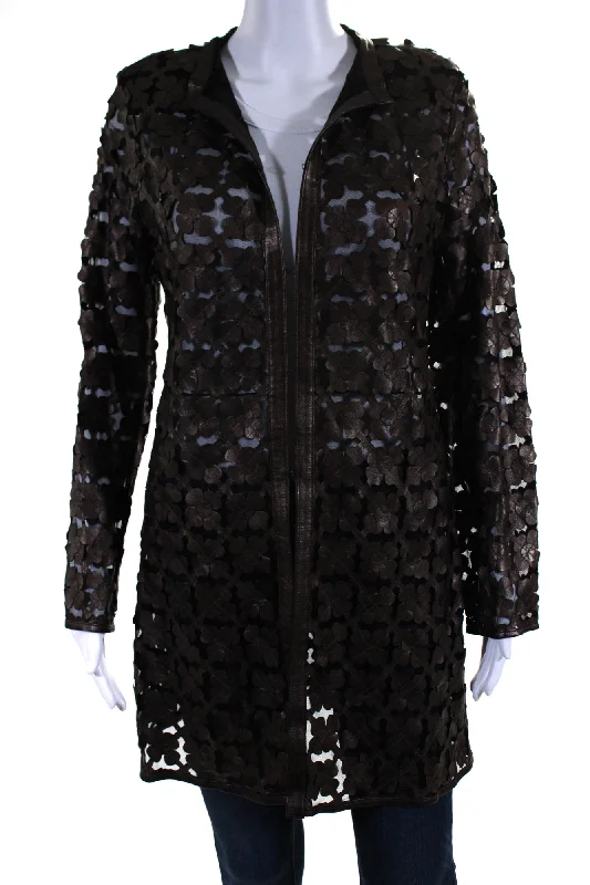 soft touch sherpa coat for women -In Transit Womens Laser Cut Metallic Mesh Leather Jacket Dark Brown Black XL