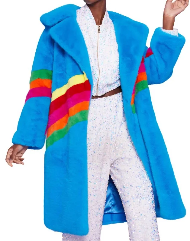 women's fur-trimmed parka -Sauki Rainbow Faux Fur Coat In Blue