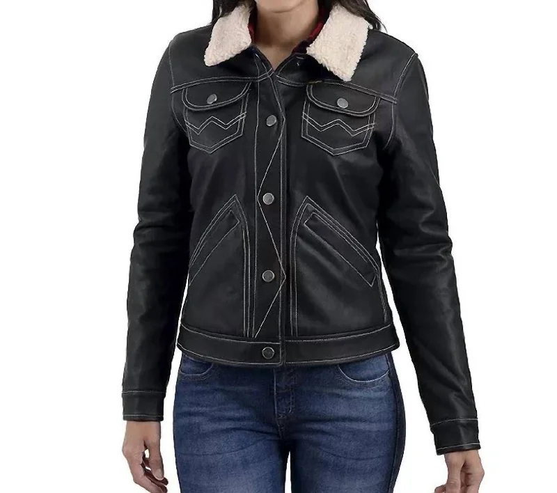 warm down coat for women -Sherpa-Lined Faux-Leather Jacket In Black