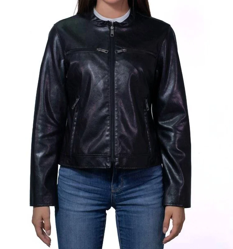 warm padded coat for women -Synthetic Leather Racer Jacket In Black