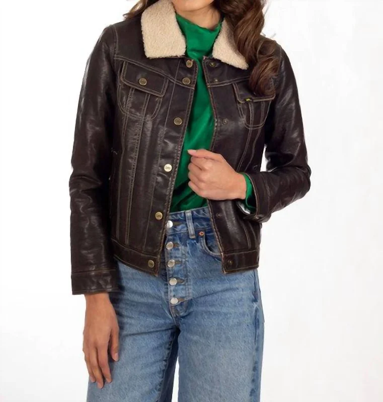 ladies' fleece zip-up jacket -Sherpa-Lined Faux-Leather Jacket In Brown