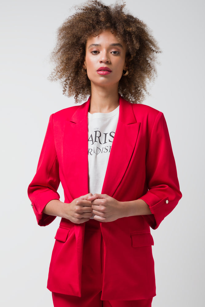 women's relaxed fit blazer -Blazer With Roll Up Sleeves Red