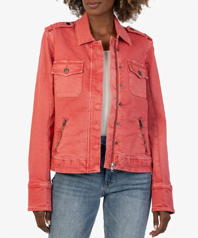 trendy plaid coat for women -Amanda Utility Denim Jacket In Strawberry