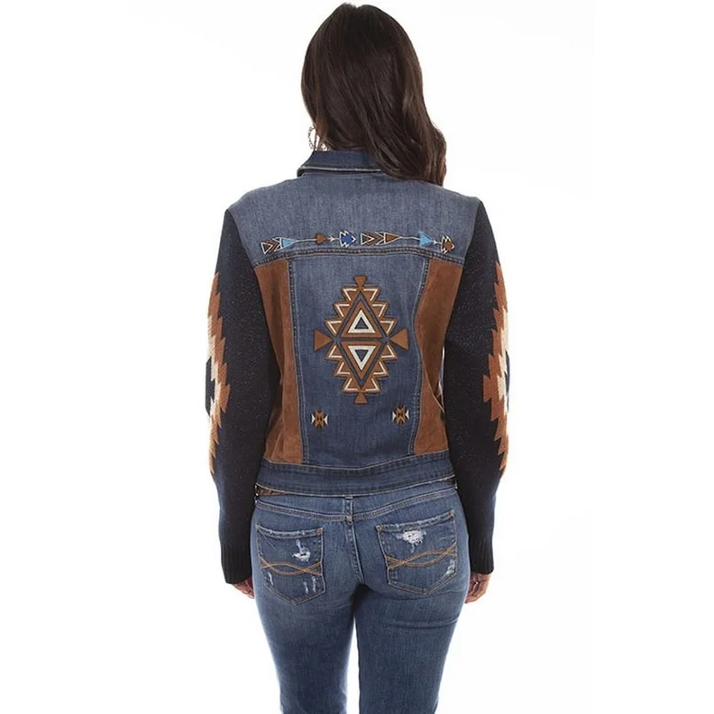 women's teddy bear coat -Scully Western Jacket Womens Embroidered Aztec Button Denim F0_HC639