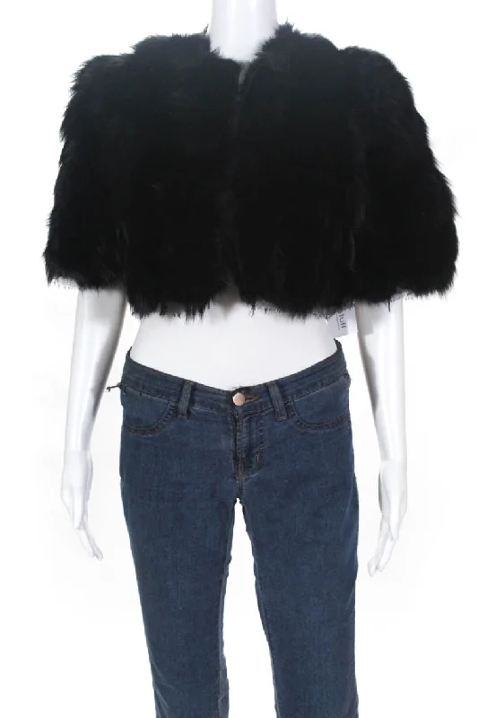 luxury designer winter coat for women -Roberto Cavalli Womens Fox Fur Fringe Cropped Coat Black