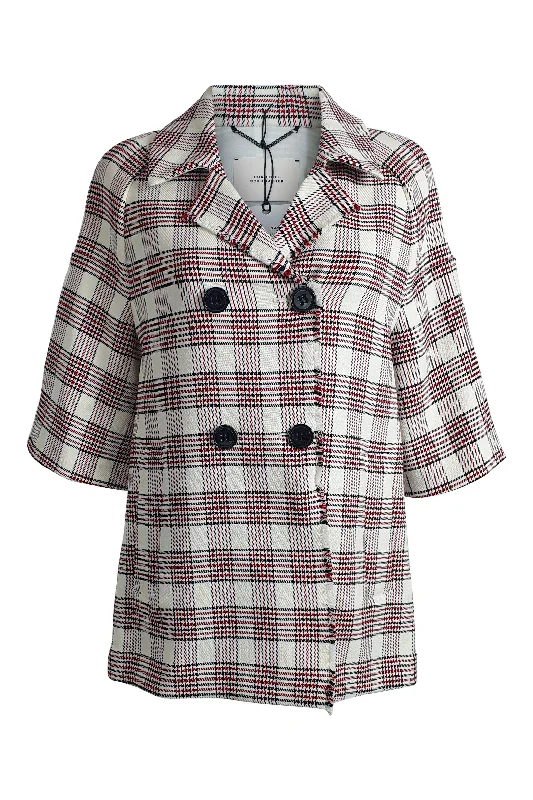 casual linen jacket for women -DOROTHEE SCHUMACHER Ivory Cotton Blend Tartan 3/4 Sleeve Jacket (2 | UK 10)