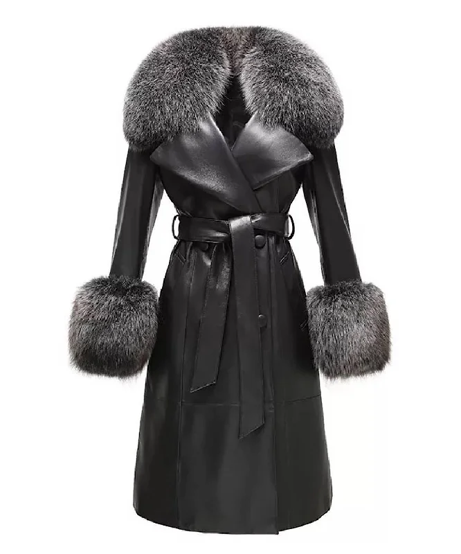 women's varsity bomber jacket -Genuine Sheepskin Leather Fox Fur Trimmed Coat In Black