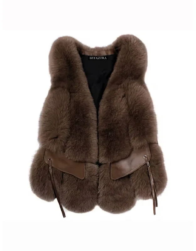 classic camel coat for ladies -Genuine Fox Fur Sleeveless Waistcoat