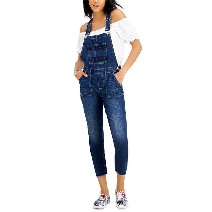 stretchy slim jeans for women -Tommy Jeans Women's Stretch Pocketed Buttoned Adjustable Overalls Sleeveless Square Neck Skinny Jumpsuit Blue Size 32