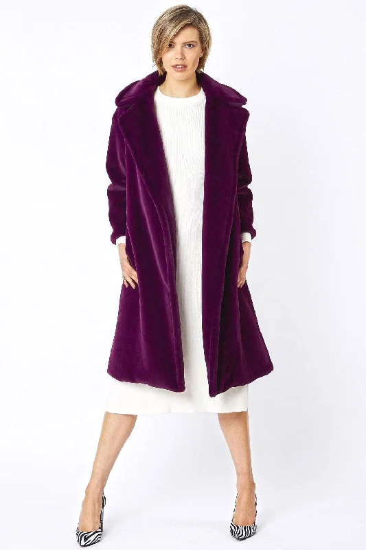 ladies' puffer jacket -Deep Purple Faux Fur Midi Shaved Shearling Coat