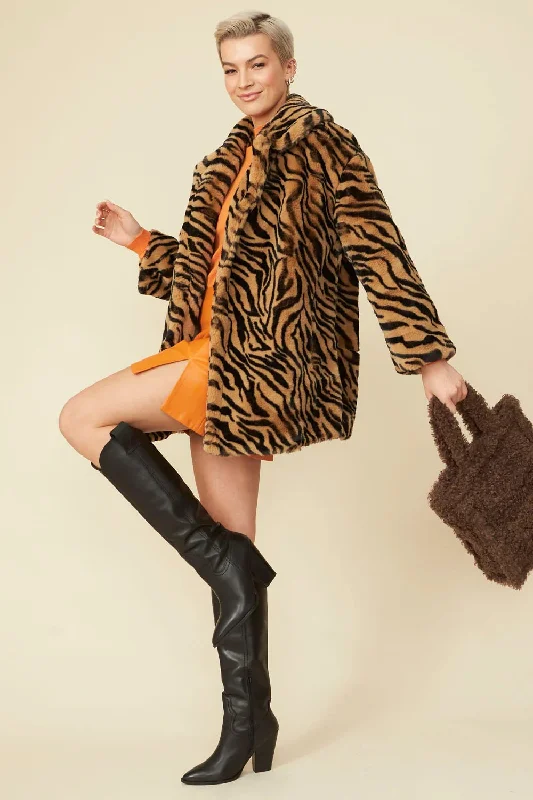 women's outdoor fleece jacket -Tiger Print Mocha Faux Fur Midi Coat