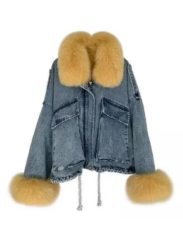 women's reversible coat -Genuine Fox Fur Trimmed Denim Jackets