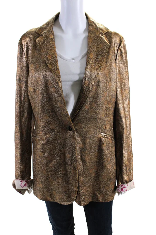 ladies' long hooded winter coat -Imp Of The Roses Womens Grace Metallic Leopard Print Leather Jacket Gold Medium