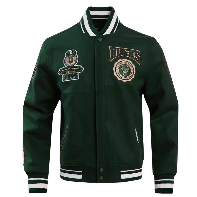 chic oversized blazer for women -NBA MILWAUKEE BUCKS CREST EMBLEM RIB WOOL VARSITY JACKET (FOREST GREEN)