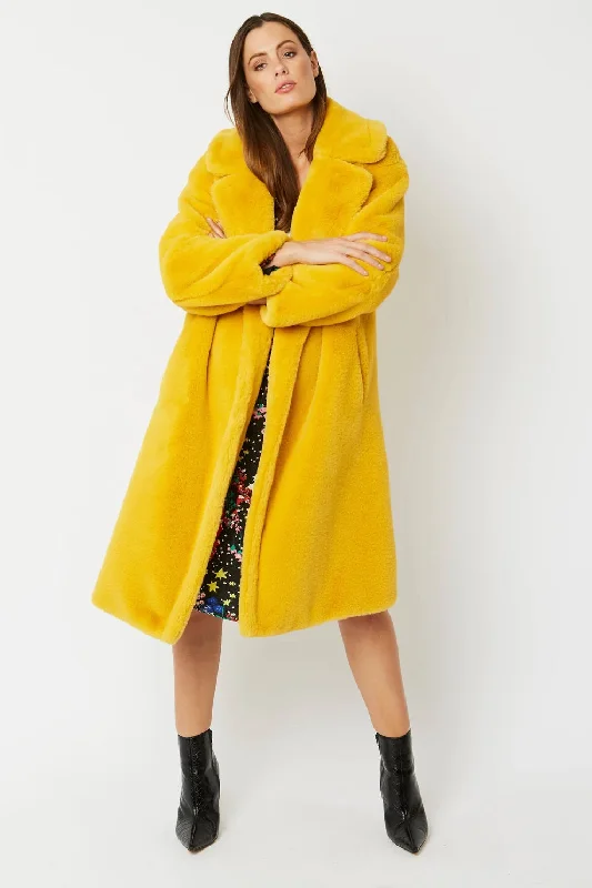 women's bohemian style kimono jacket -Yellow Faux Fur Midi Shaved Shearling Coat