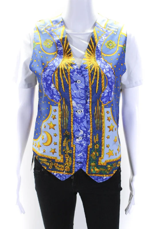 women's bohemian style kimono jacket -Hermes Womens Blue Gold Silk Graphic Print Four Button Vest Jacket