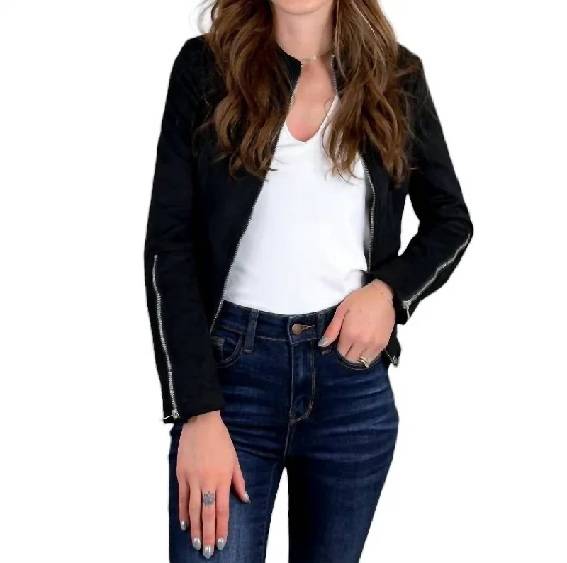 women's casual denim jacket -Suede Cropped Moto Jacket In Black