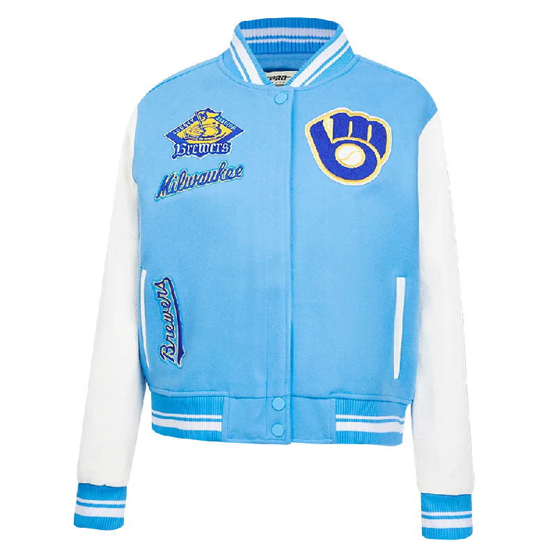 cropped faux leather jacket for women -MLB MILWAUKEE BREWERS RETRO CLASSIC WOMEN'S RIB WOOL VARSITY JACKET (UNIVERSITY BLUE/WHITE)