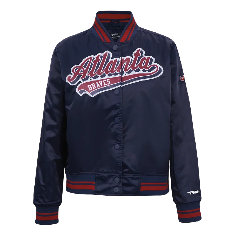 women's varsity bomber jacket -MLB ATLANTA BRAVES SCRIPT TAIL WOMEN'S SATIN JACKET (MIDNIGHT NAVY/RED/MIDNIGHT NAVY)