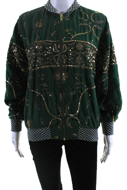 waterproof windproof raincoat for women -Ashish Womens Salvaged Sari Metallic Embroidered Bomber Jacket Green