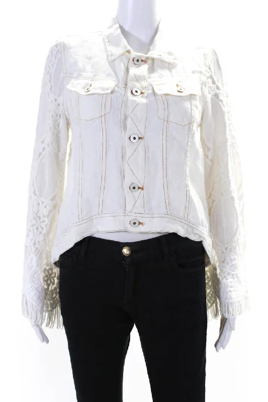 women's elegant cape coat -Sunday Tropez Womens Elvis Mesh Embroidered Sleeve Linen Jacket White