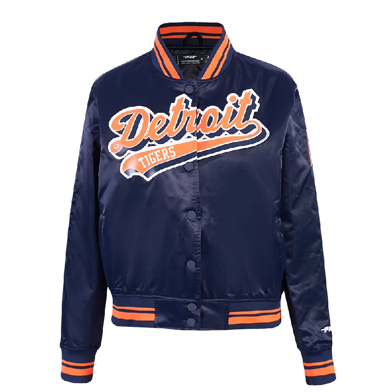 stylish longline coat for women -MLB DETROIT TIGERS SCRIPT TAIL WOMEN'S SATIN JACKET (MIDNIGHT NAVY/ORANGE/MIDNIGHT NAVY)