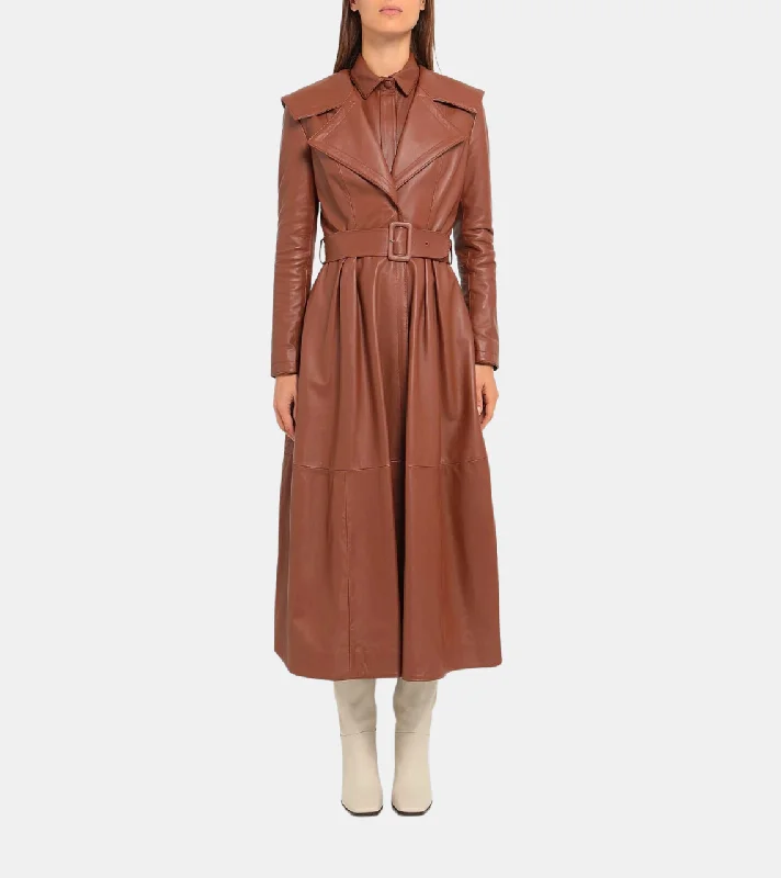 women's thermal long coat -Aleide Women's Brown Leather Coat