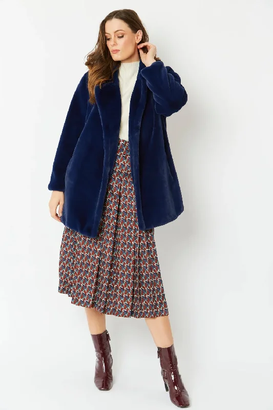 military-style coat for women -Blue Faux Fur Midi Coat