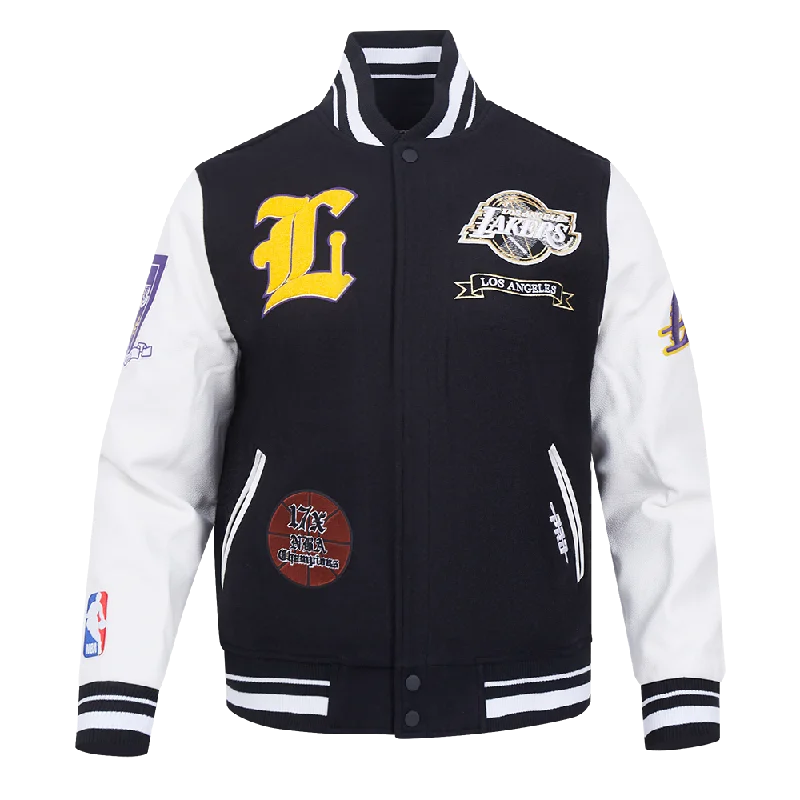 stylish leather jacket for women -NBA LOS ANGELES LAKERS PRO PREP WOOL VARSITY JACKET (BLACK/WHITE)